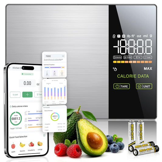 Smart Food Scale with Nutritional Calculator with 23 Nutrients Tracking&Led Display,Bluetooth Sync to Fitdays+ App,Stainless Steel,5Kg Capacity,Calorie Counting for Calorie Control&Fitness Goal,Silver